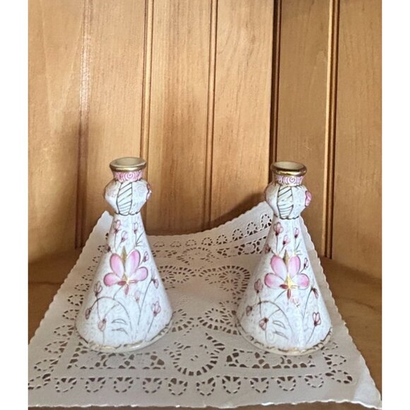 Vintage Andrea by Sadek Hand-Painted Porcelain Bud Vases Pink Gold Floral Home D - Picture 1 of 6